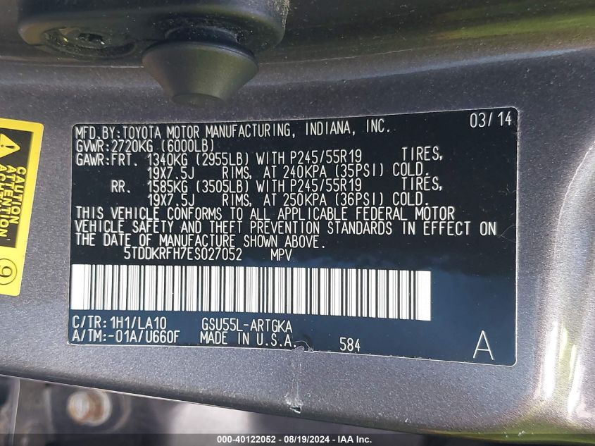 2014 Toyota Highlander Limited V6 VIN: 5TDDKRFH7ES027052 Lot: 40122052