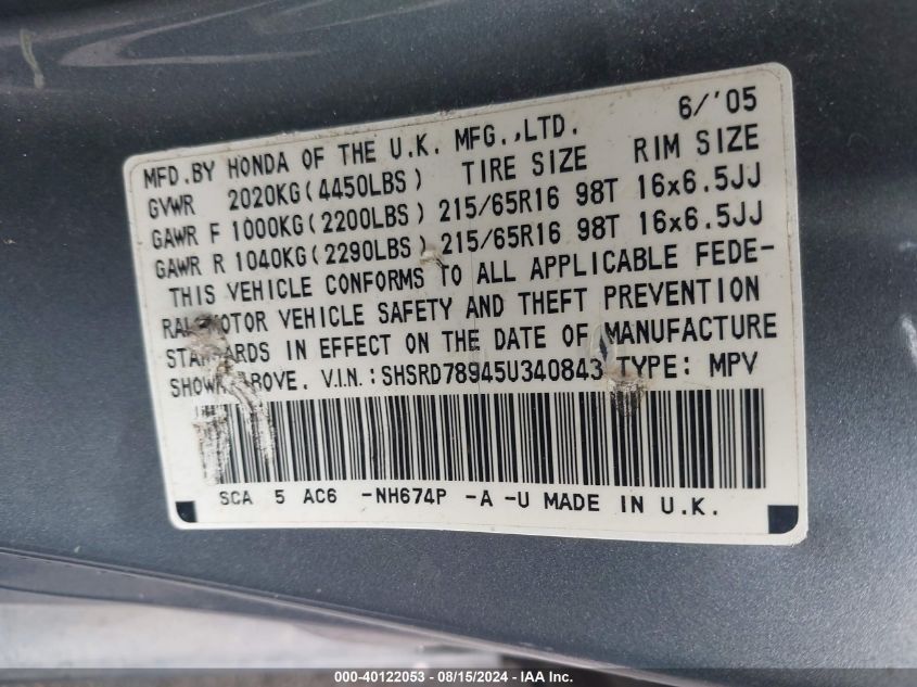 2005 Honda Cr-V Se VIN: SHSRD78945U340843 Lot: 40122053