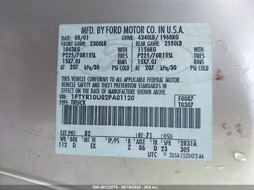 1FTYR10U82PA01120 2002 Ford Ranger Edge/Xl/Xlt