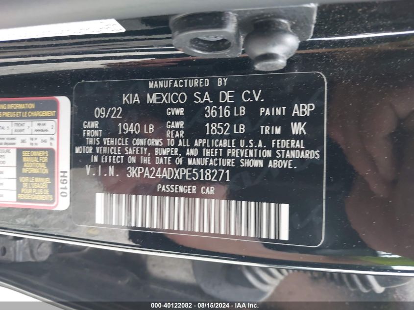 2023 Kia Rio Lx VIN: 3KPA24ADXPE518271 Lot: 40122082