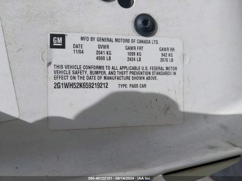 2005 Chevrolet Impala Ls VIN: 2G1WH52K659219212 Lot: 40122101