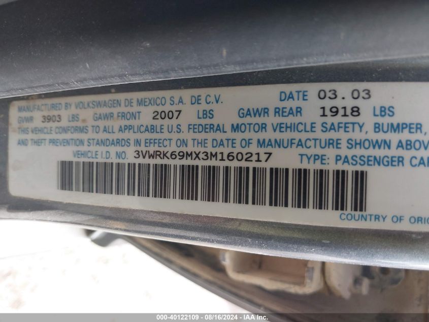 2003 Volkswagen Jetta Gl VIN: 3VWRK69MX3M160217 Lot: 40122109
