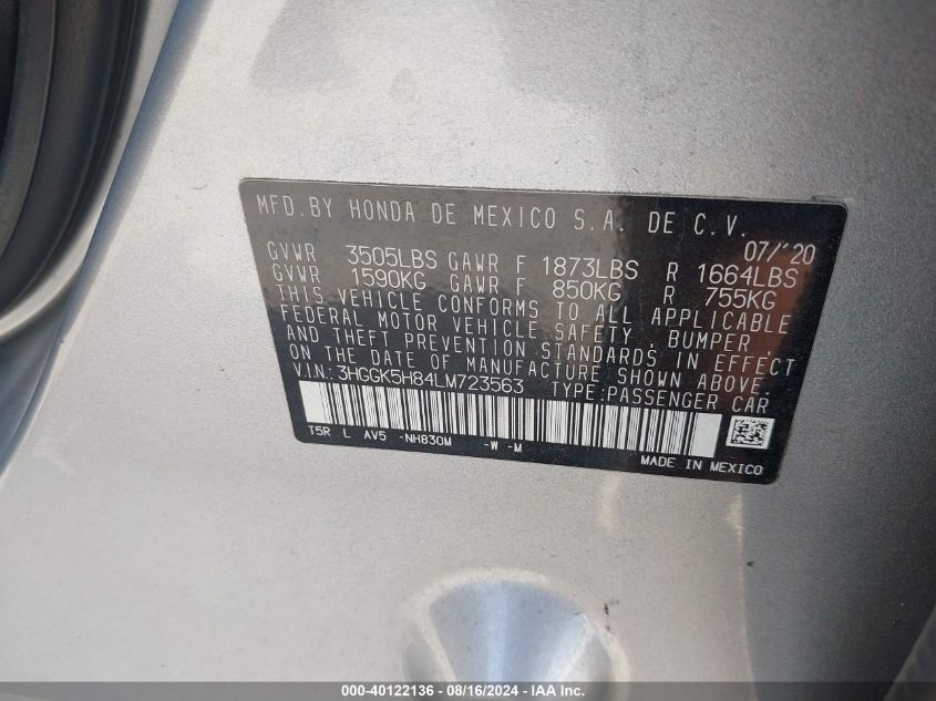 2020 Honda Fit Ex VIN: 3HGGK5H84LM723563 Lot: 40122136