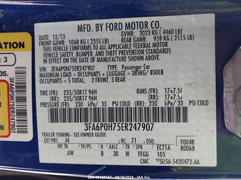 2014 Ford Fusion Se VIN: 3FA6P0H75ER247907 Lot: 40122157