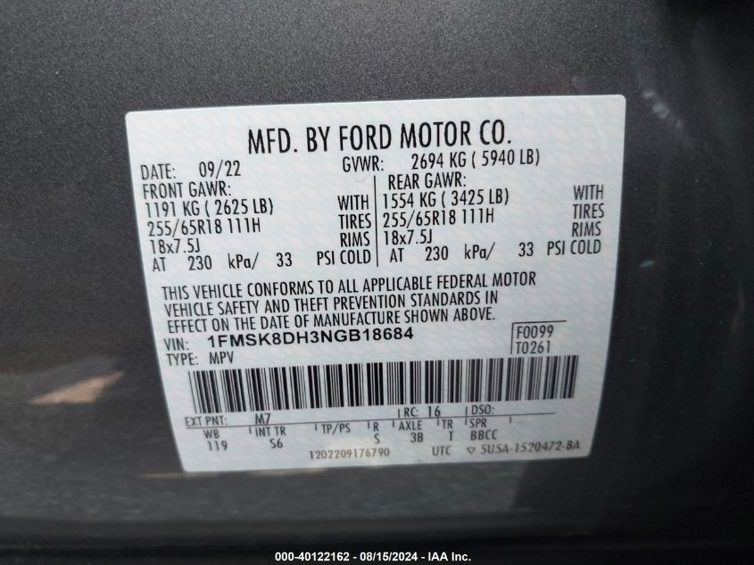 2022 Ford Explorer Xlt VIN: 1FMSK8DH3NGB18684 Lot: 40122162