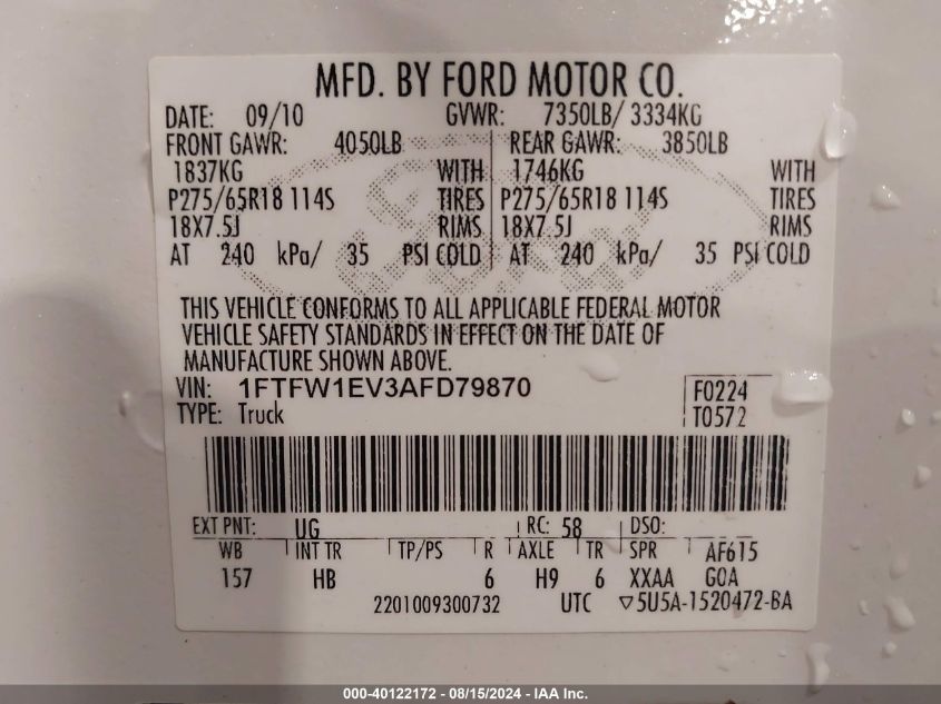 2010 Ford F-150 Fx4/Harley-Davidson/King Ranch/Lariat/Platinum/Xl/Xlt VIN: 1FTFW1EV3AFD79870 Lot: 40122172