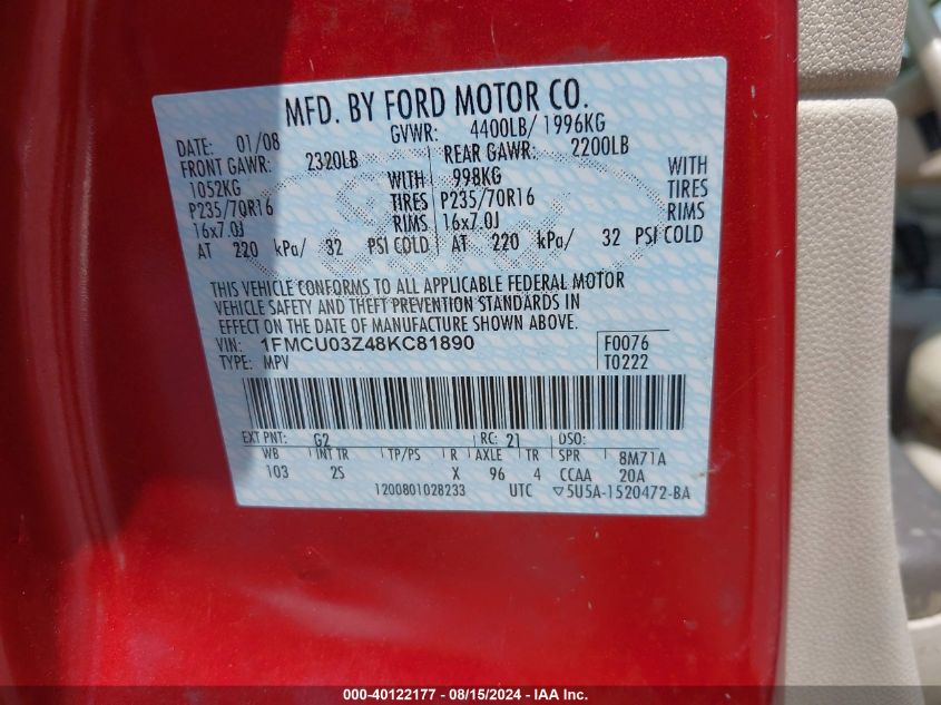2008 Ford Escape Xlt VIN: 1FMCU03Z48KC81890 Lot: 40122177