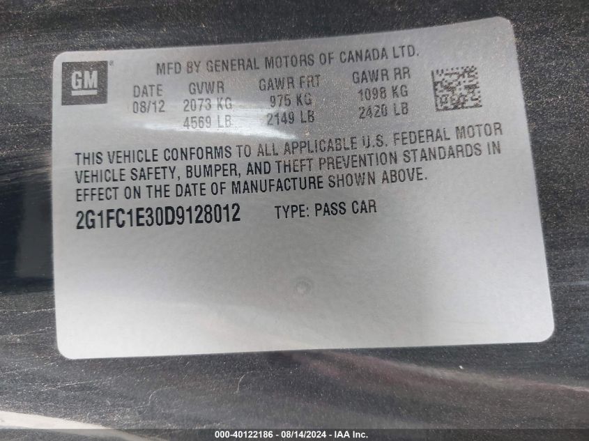 2013 Chevrolet Camaro 2Lt VIN: 2G1FC1E30D9128012 Lot: 40122186
