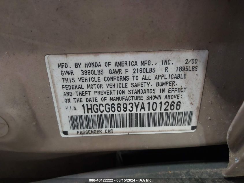 1HGCG6693YA101266 2000 Honda Accord 2.3 Se