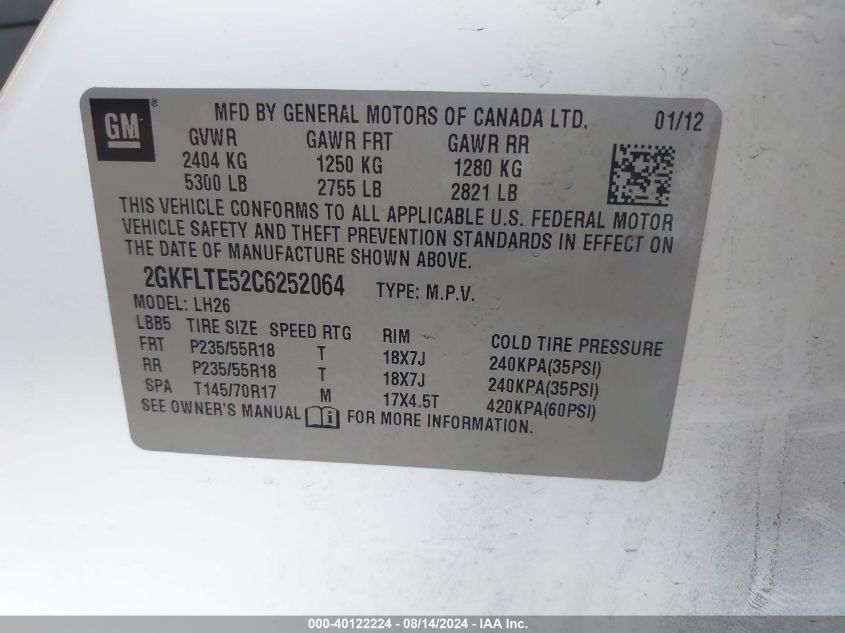 2012 GMC Terrain Sle-2 VIN: 2GKFLTE52C6252064 Lot: 40122224