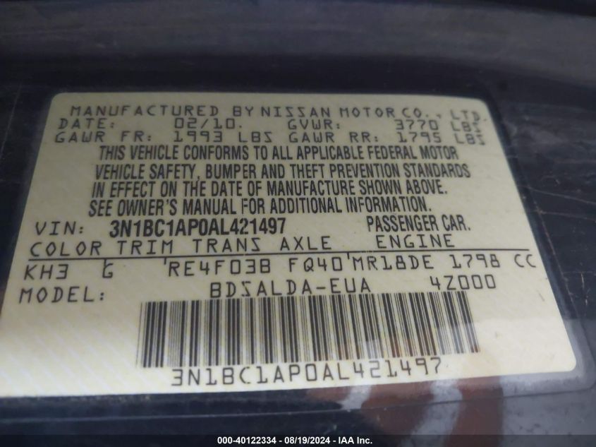 2010 Nissan Versa 1.8S VIN: 3N1BC1APGAL421497 Lot: 40122334