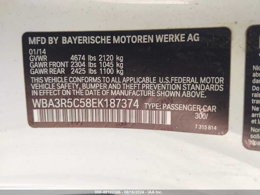 2014 BMW 435I xDrive VIN: WBA3R5C58EK187374 Lot: 40122356