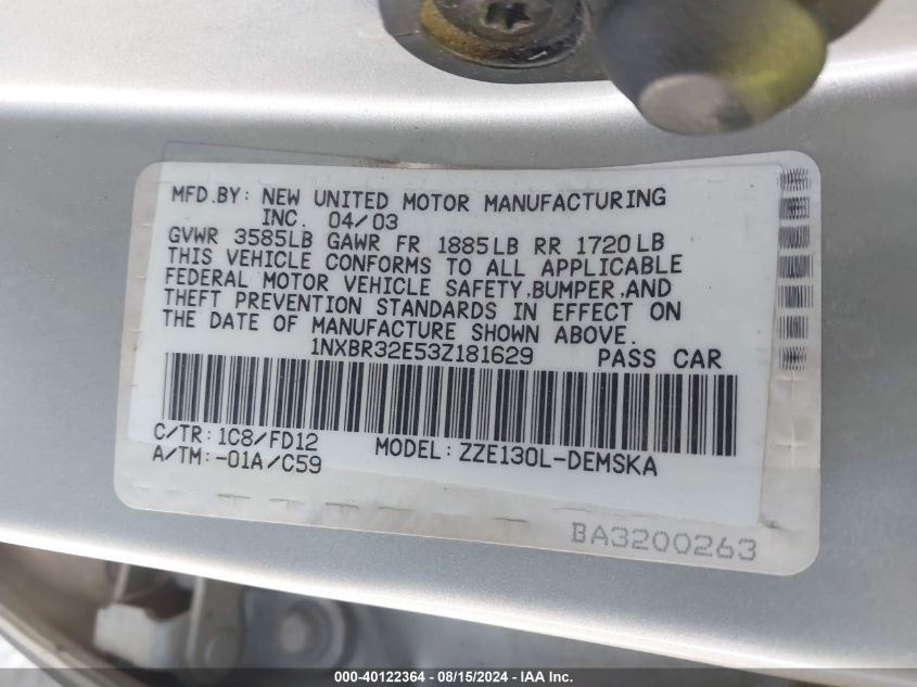 2003 Toyota Corolla S VIN: 1NXBR32E53Z181629 Lot: 40122364