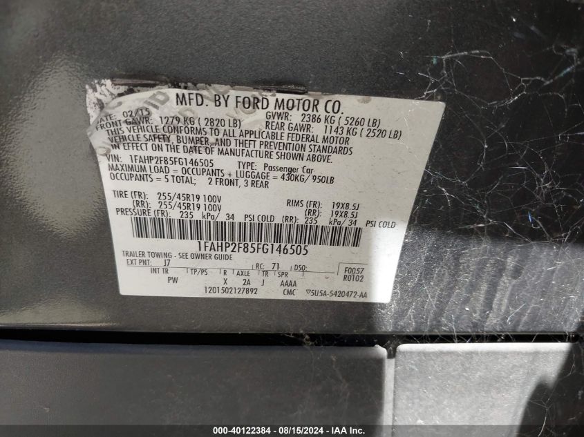 2015 Ford Taurus Limited VIN: 1FAHP2F85FG146505 Lot: 40122384