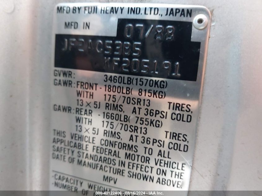 1989 Subaru Gl 4Wd VIN: JF2AC53B5KF205191 Lot: 40122406