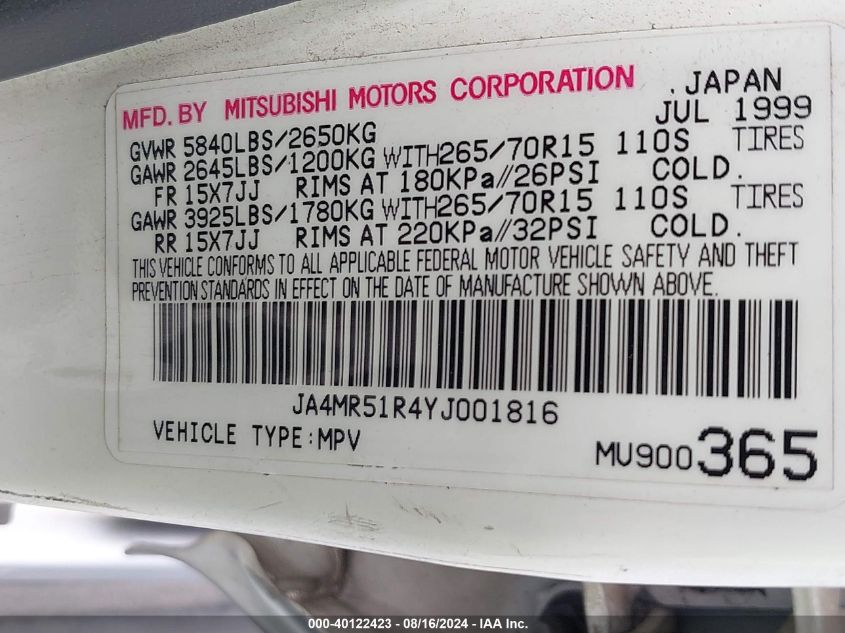 2000 Mitsubishi Montero VIN: JA4MR51R4YJ001816 Lot: 40122423