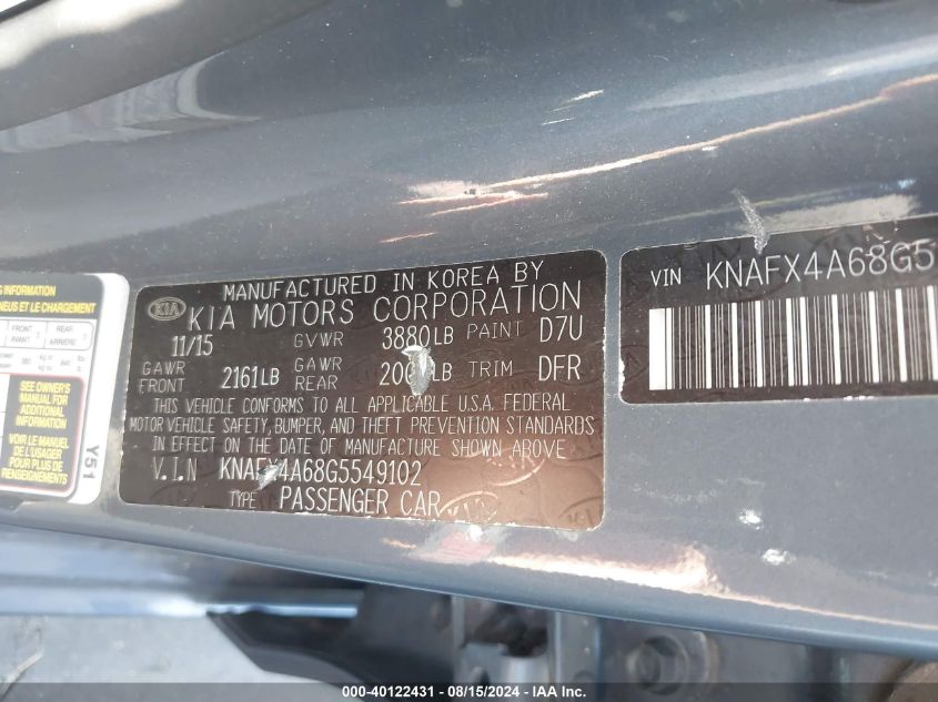 2016 Kia Forte Lx VIN: KNAFX4A68G5549102 Lot: 40122431