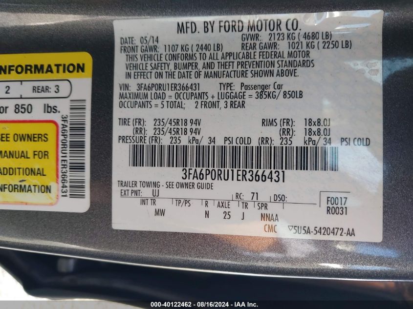 2014 Ford Fusion Hybrid Titanium VIN: 3FA6P0RU1ER366431 Lot: 40122462