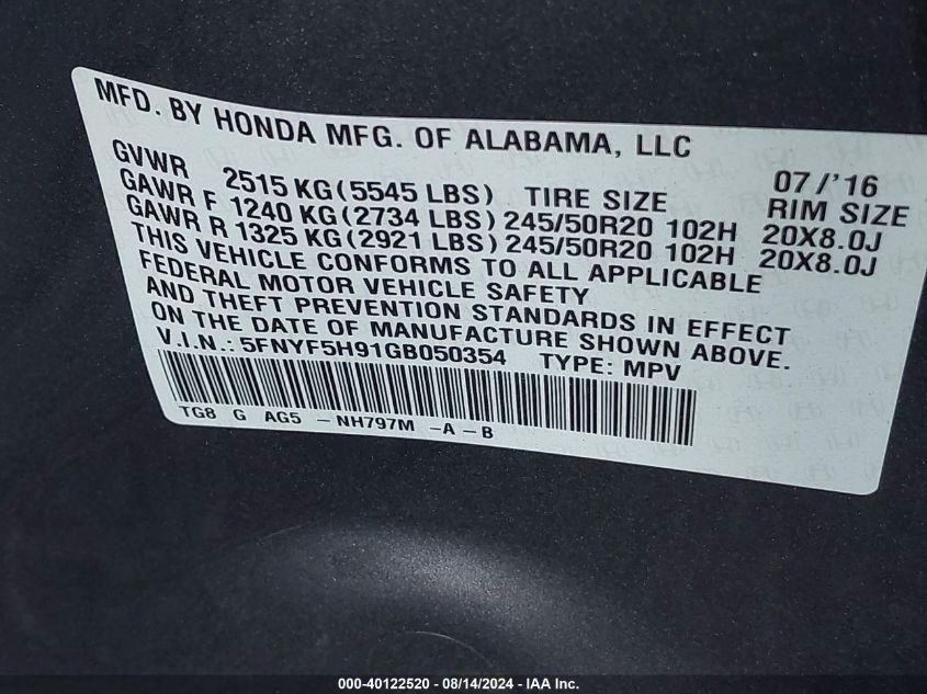 5FNYF5H91GB050354 2016 Honda Pilot Touring