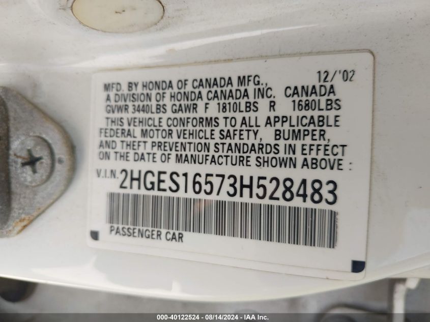 2003 Honda Civic Lx VIN: 2HGES16573H528483 Lot: 40122524