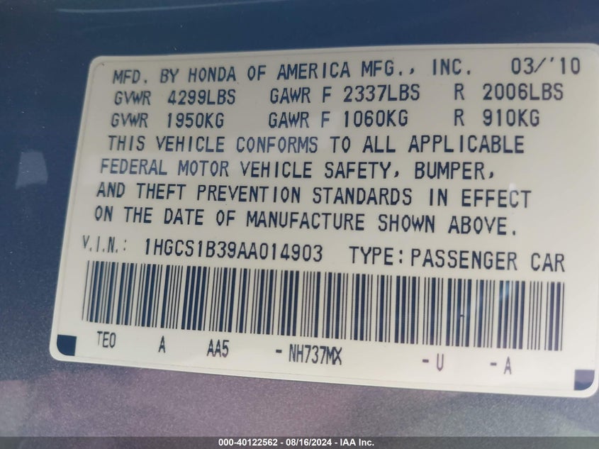 2010 Honda Accord Lx VIN: 1HGCS1B39AA014903 Lot: 40122562