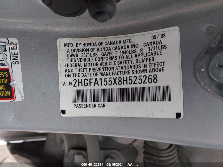 2008 Honda Civic Lx VIN: 2HGFA155X8H525268 Lot: 40122594