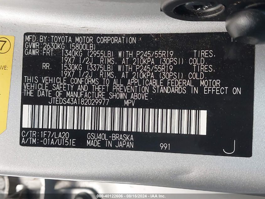 2008 Toyota Highlander Sport VIN: JTEDS43A182029977 Lot: 40122606