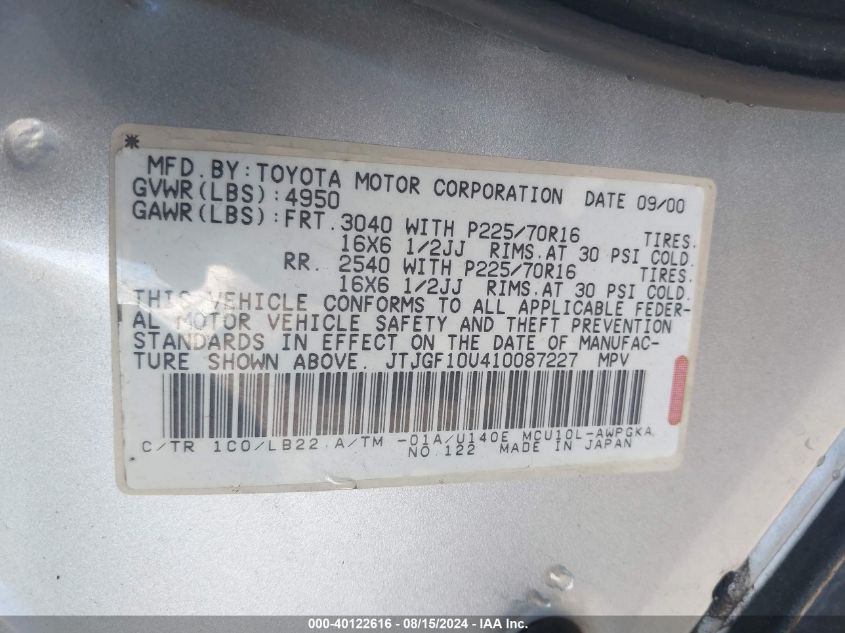 2001 Lexus Rx 300 VIN: JTJGF10U410087227 Lot: 40122616