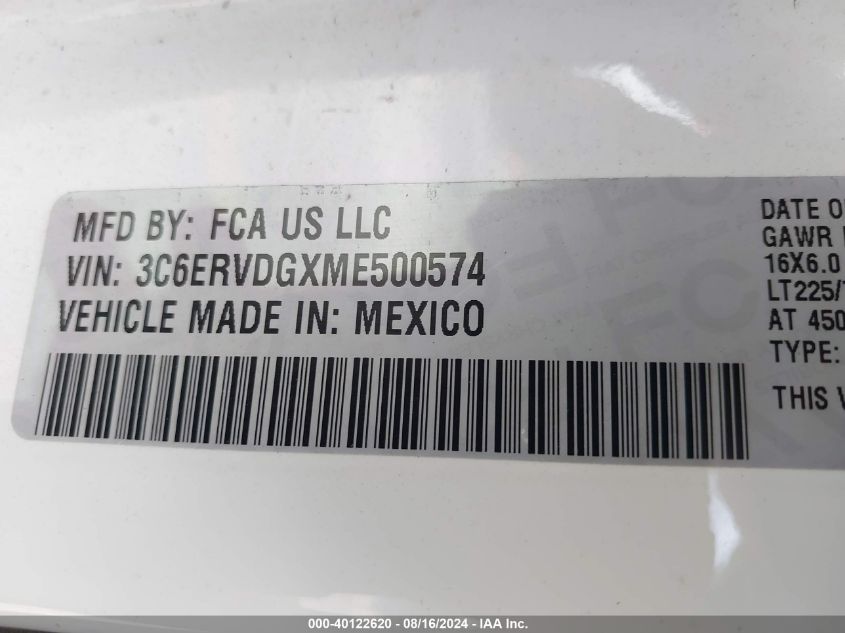 2021 Ram Promaster 2500 2500 High VIN: 3C6ERVDGXME500574 Lot: 40122620