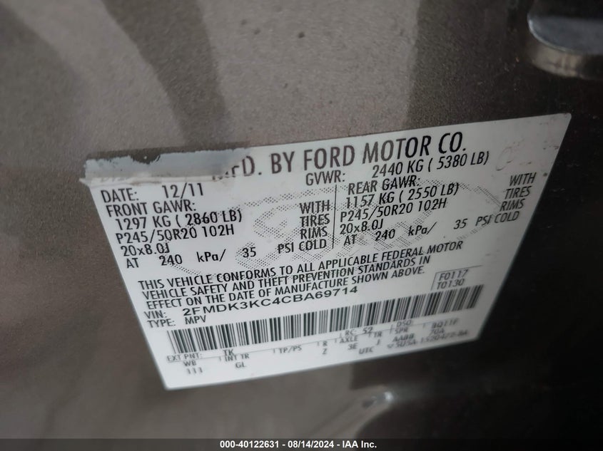 2012 Ford Edge Limited VIN: 2FMDK3KC4CBA69714 Lot: 40122631