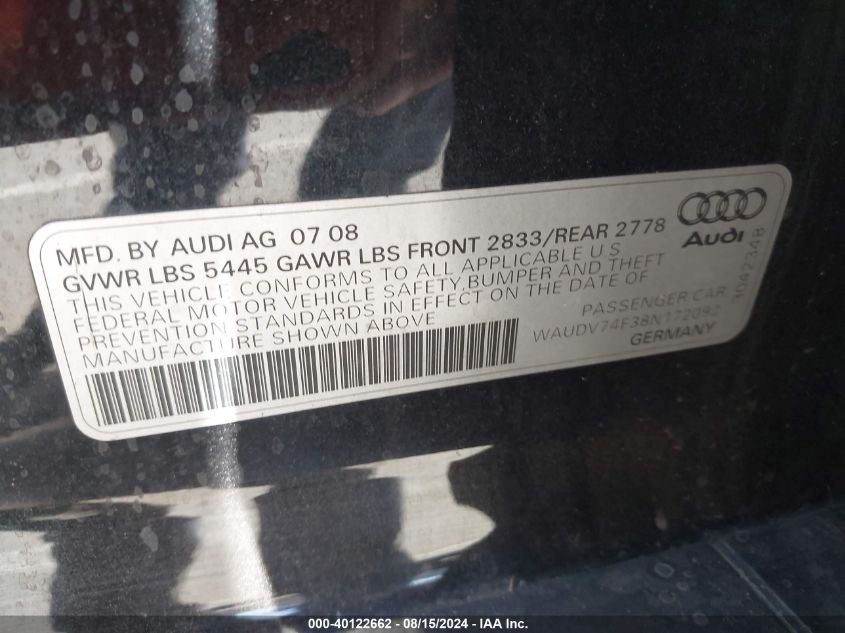 2008 Audi A6 4.2 VIN: WAUDV74F38N172092 Lot: 40122662