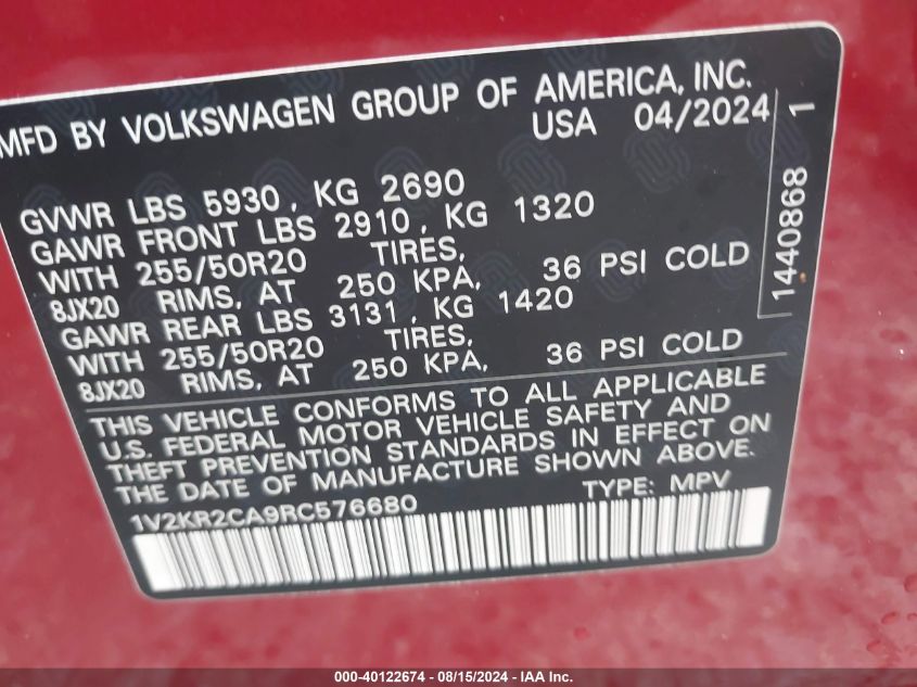 1V2KR2CA9RC576680 2024 Volkswagen Atlas 2.0T Se W/Technology