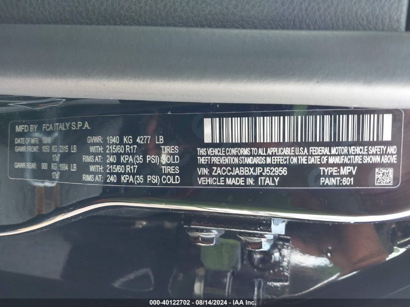 2018 Jeep Renegade Latitude Fwd VIN: ZACCJABBXJPJ52956 Lot: 40122702