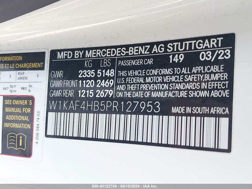 2023 Mercedes-Benz C 300 4Matic VIN: W1KAF4HB5PR127953 Lot: 40122704