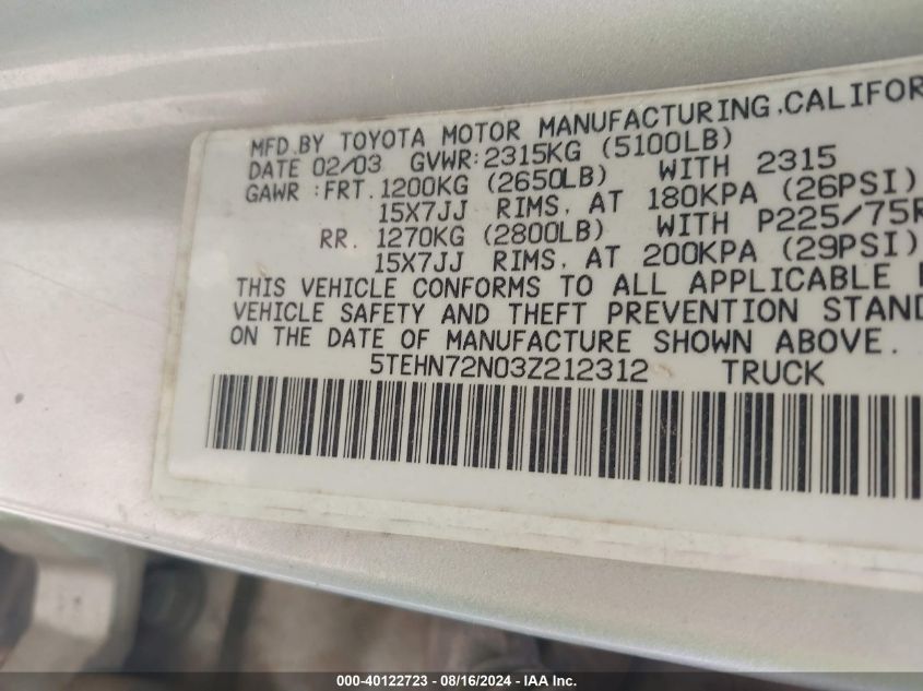 2003 Toyota Tacoma Base V6 VIN: 5TEHN72N03Z212312 Lot: 40122723