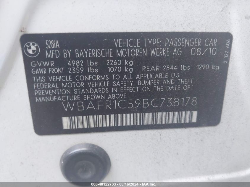 2011 BMW 528I VIN: WBAFR1C59BC738178 Lot: 40122733