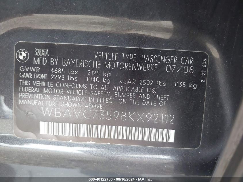 2008 BMW 328Xi VIN: WBAVC73598KX92112 Lot: 40122780
