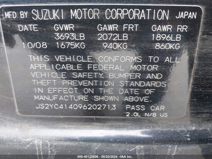 2009 Suzuki Sx4 Sport/Sport Technology VIN: JS2YC414096202713 Lot: 40122806