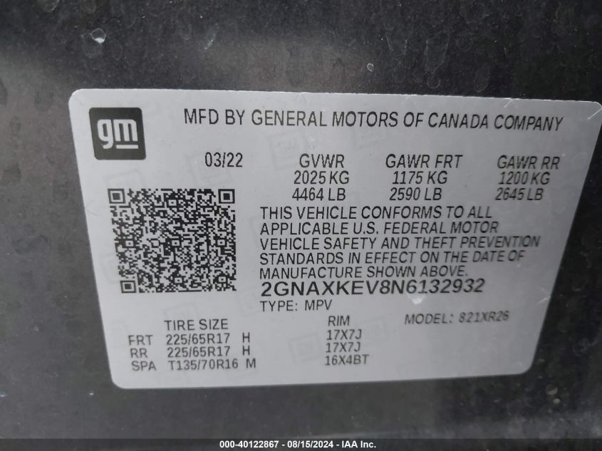 2022 CHEVROLET EQUINOX FWD LT - 2GNAXKEV8N6132932