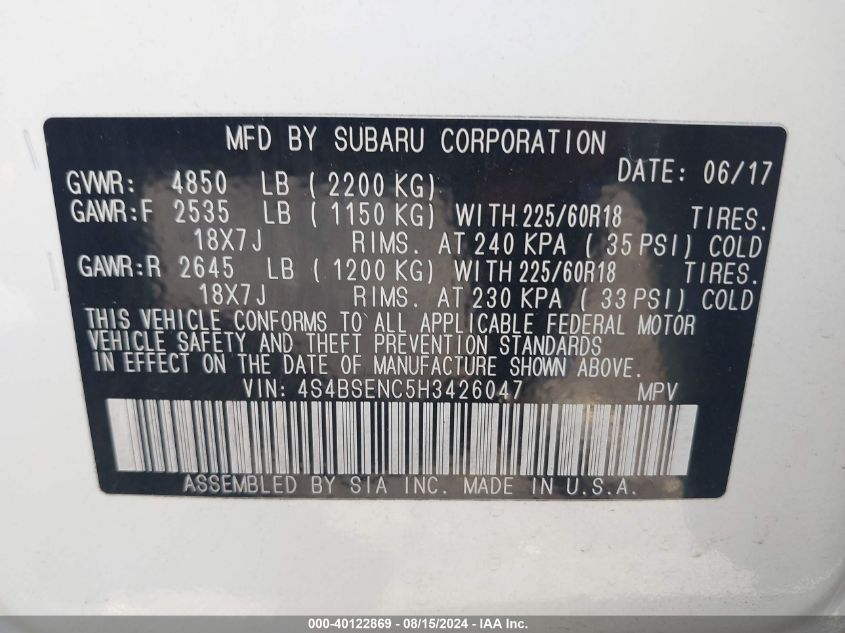 2017 Subaru Outback 3.6R Limited VIN: 4S4BSENC5H3426047 Lot: 40122869