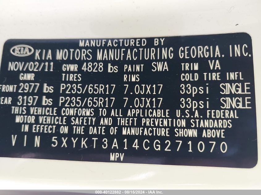 2012 Kia Sorento Lx VIN: 5XYKT3A14CG271070 Lot: 40122882