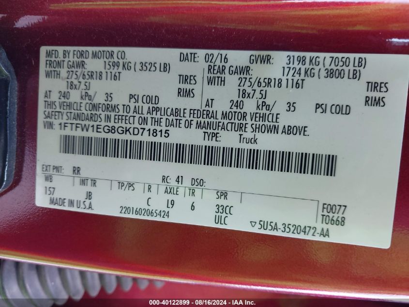 2016 Ford F-150 Supercrew VIN: 1FTFW1EG8GKD71815 Lot: 40122899