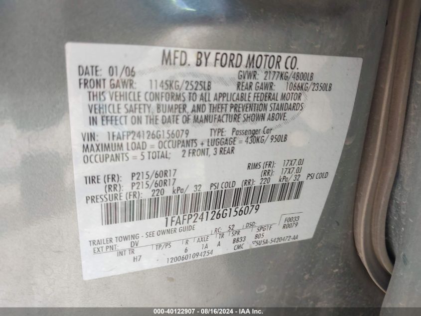 2006 Ford Five Hundred Sel VIN: 1FAFP24126G156079 Lot: 40122907