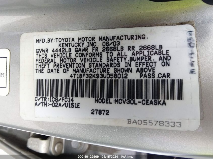 4T1BF32K93U058012 2003 Toyota Camry Se V6