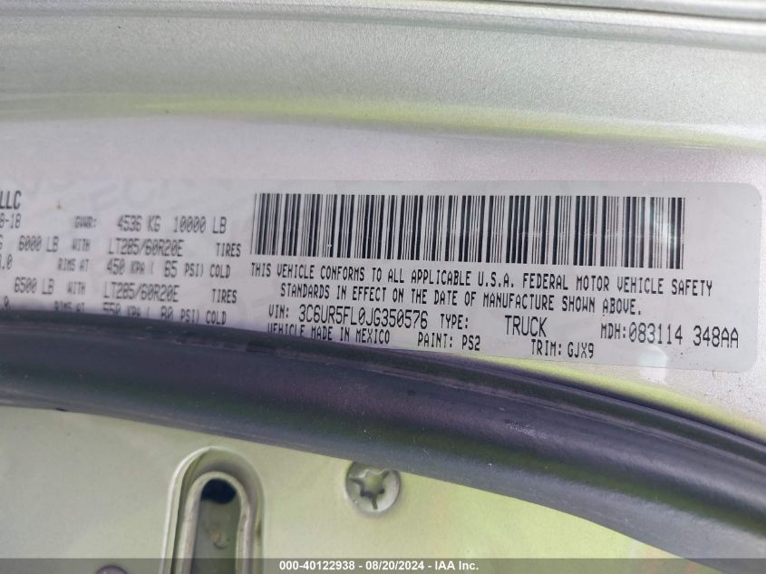 2018 Ram 2500 Laramie 4X4 6'4 Box VIN: 3C6UR5FL0JG350576 Lot: 40122938