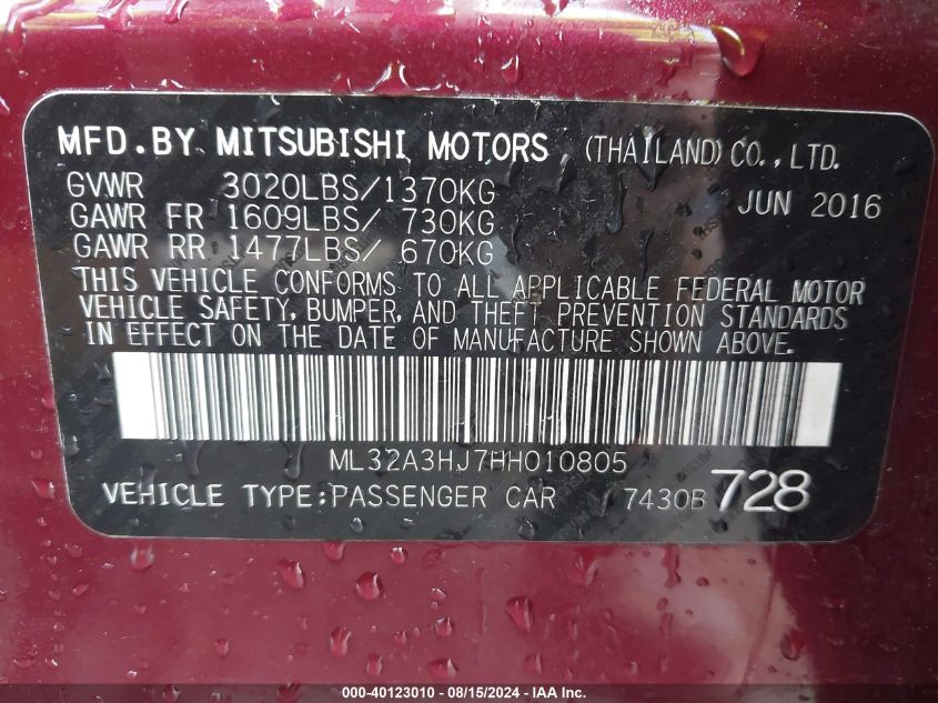 2017 Mitsubishi Mirage Es VIN: ML32A3HJ7HH010805 Lot: 40123010