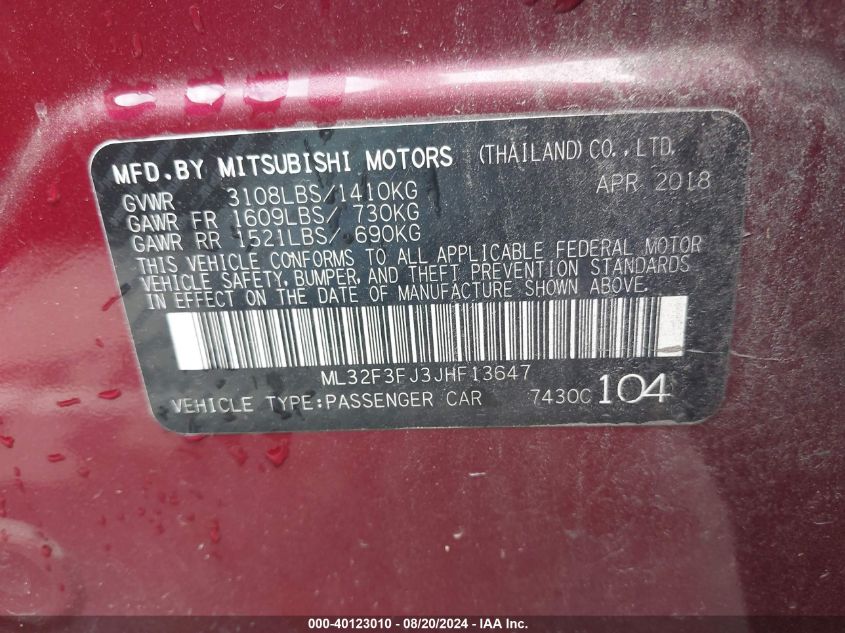 2018 Mitsubishi Mirage G4 Es VIN: ML32F3FJ3JHF13647 Lot: 40123010