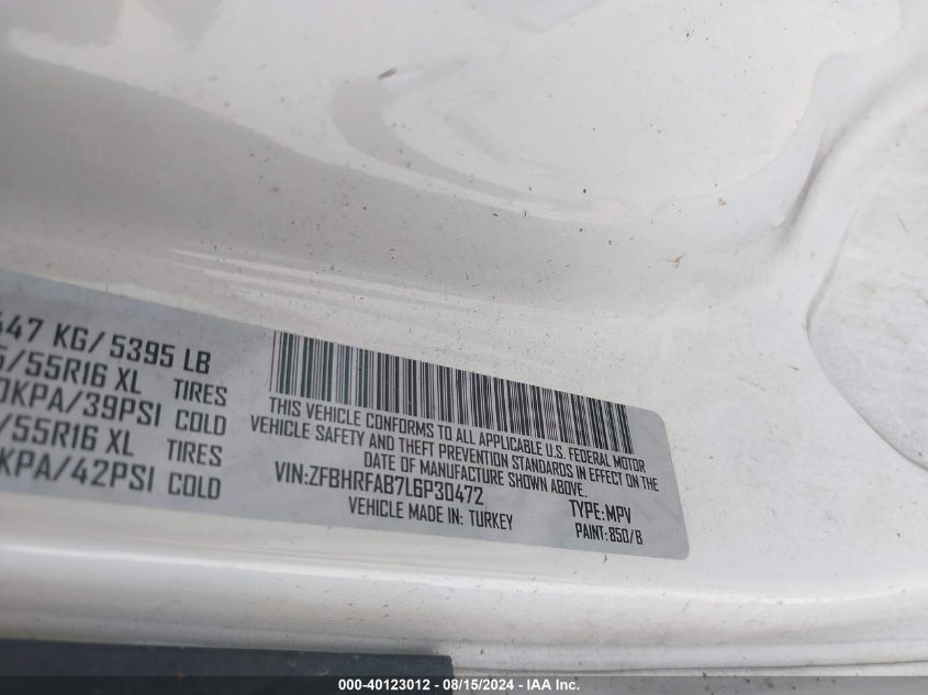 2020 Ram Promaster City Tradesman VIN: ZFBHRFAB7L6P30472 Lot: 40123012