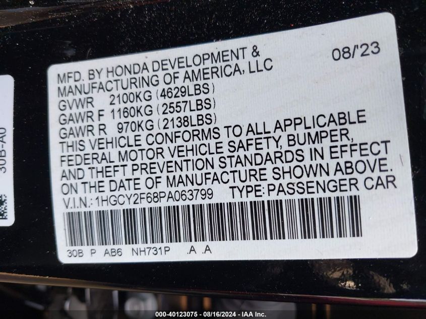 2023 Honda Accord Hybrid Ex-L VIN: 1HGCY2F68PA063799 Lot: 40123075