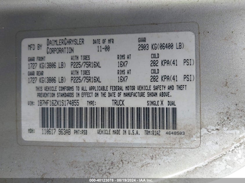 2001 Dodge Ram 1500 St VIN: 1B7HF16ZX1S174855 Lot: 40123078